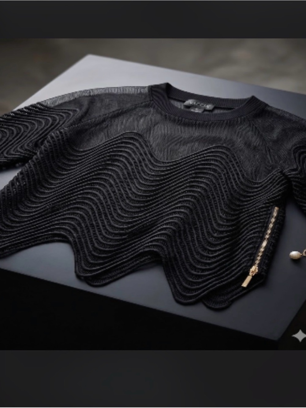 Black Sheer Wave-Knit Long Sleeve Top - Women Intimates & Sleepwear